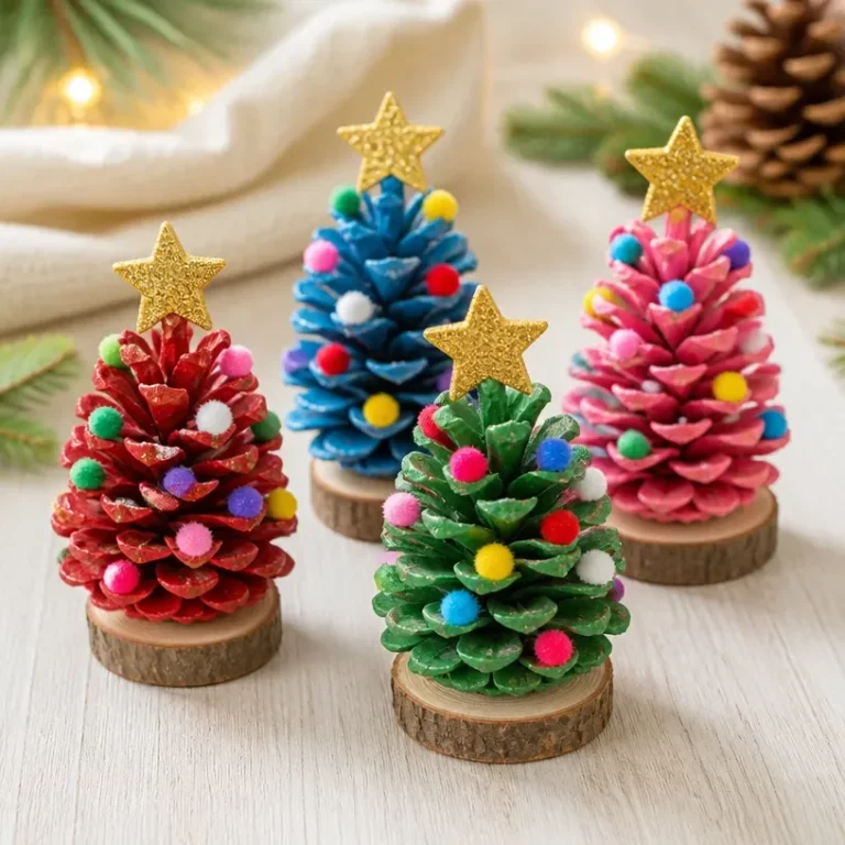 Pinecone Christmas tree ornaments decorated for festive holiday season