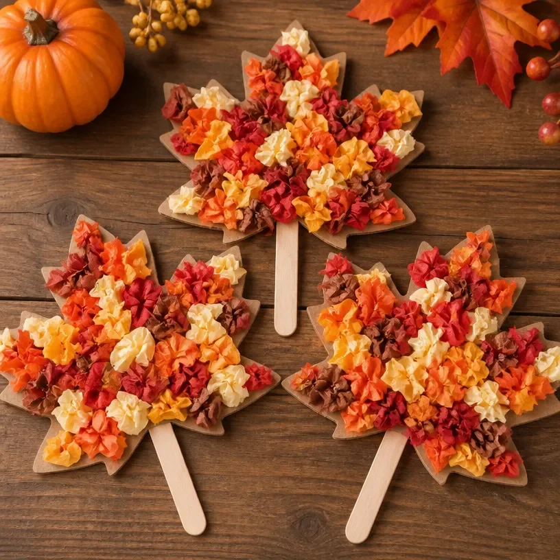 DIY Thanksgiving crafts for kids using Popsicle sticks and candy corn art.