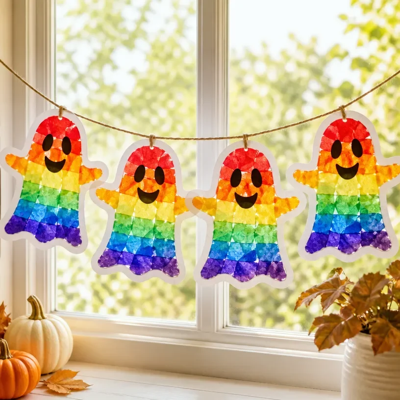 DIY rainbow stained-glass ghost window garland for Halloween decoration