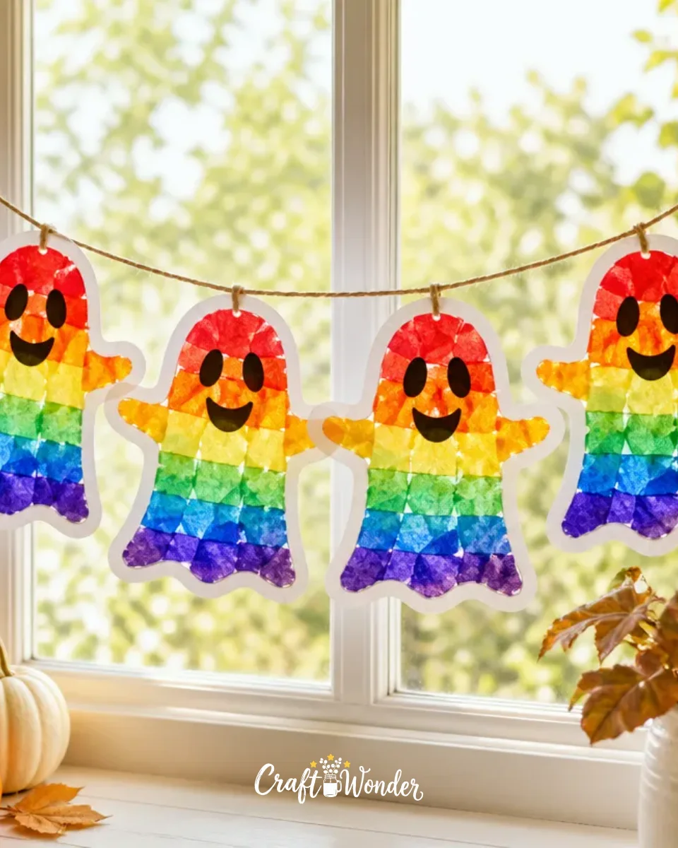 Rainbow Stained-Glass Ghost Window Garland DIY for Halloween