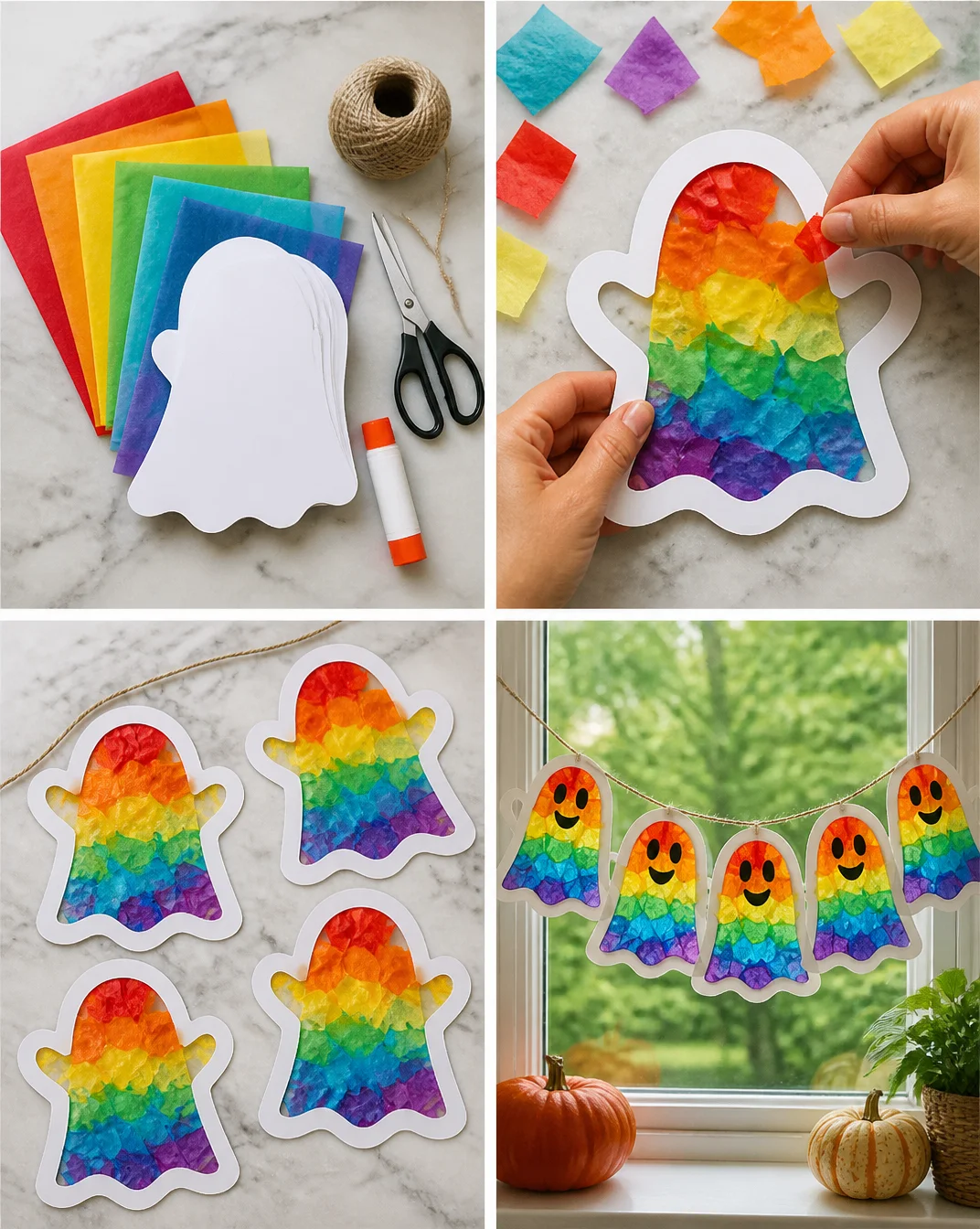 Rainbow Stained-Glass Ghost Window Garland DIY for Halloween
